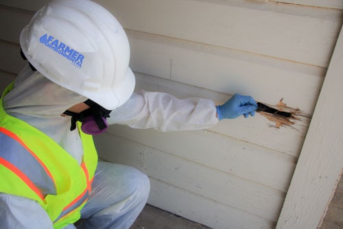 Farmer EG prefessional checking on a damaged wall for asbestos dangers